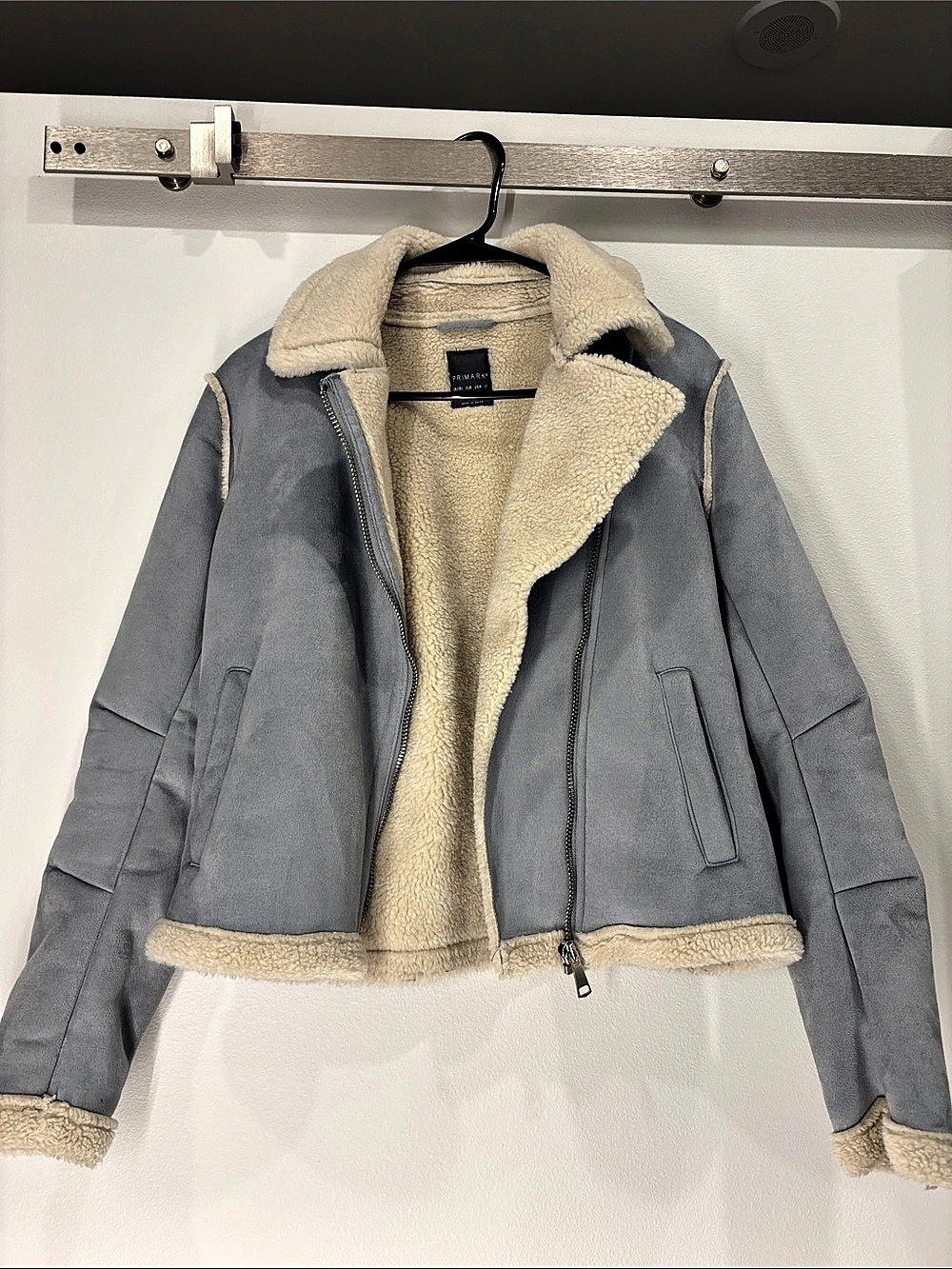 Primark Faux Suede Shearling Aviator Jacket Gray & Cream Small